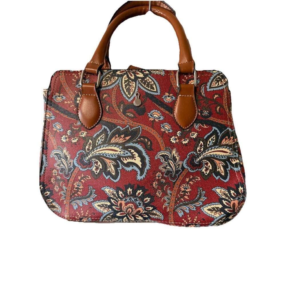 London Fog tapestry satchel handbag red paisley print with brown leather handles